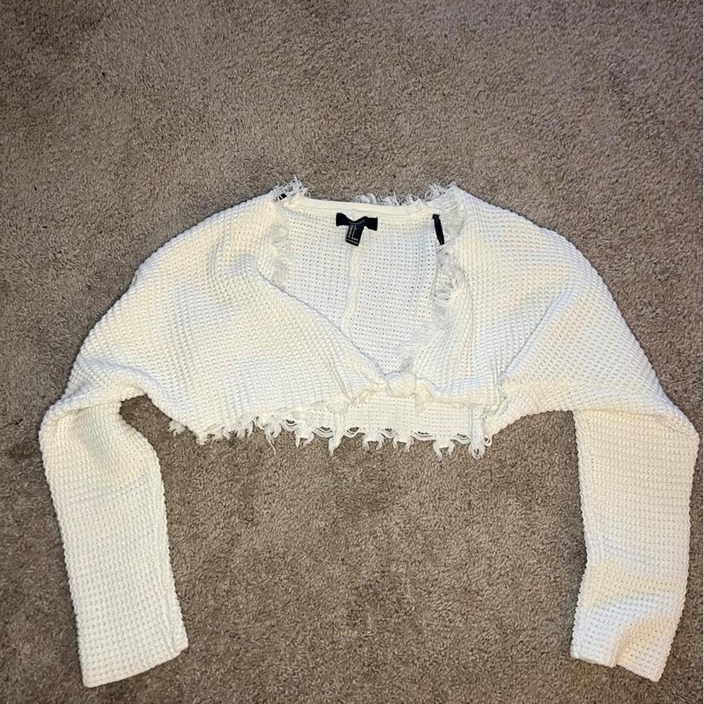 White Distressed Cropped Knit Bolero Shrug Sweater Y2K Coquette Long Sleeve S